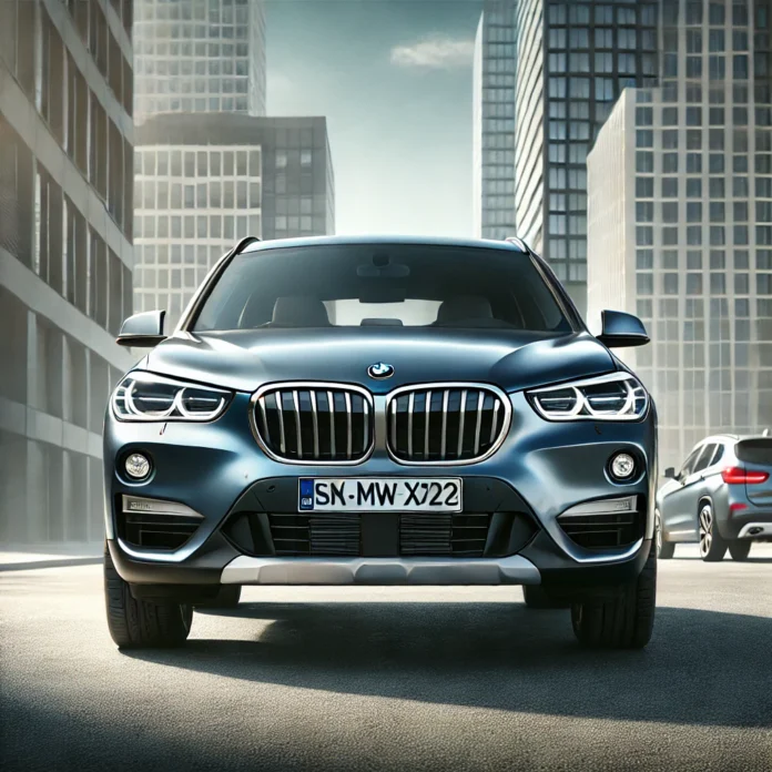 Ein gebrauchter BMW X1, geparkt in einer modernen Stadtumgebung mit eleganter Front und LED-Scheinwerfern.